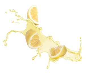 Image of Lemon pieces and splash of juice on white background