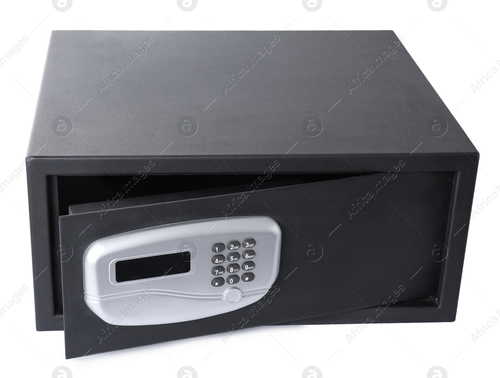 Photo of Open black steel safe with electronic lock isolated on white