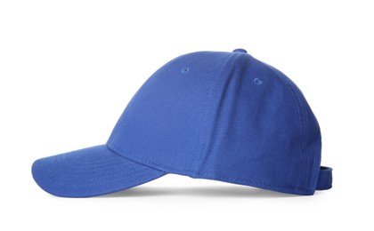 Photo of Stylish blue baseball cap isolated on white