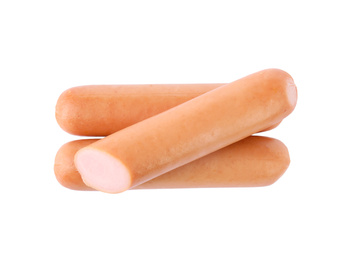 Photo of Tasty sausages on white background. Meat product