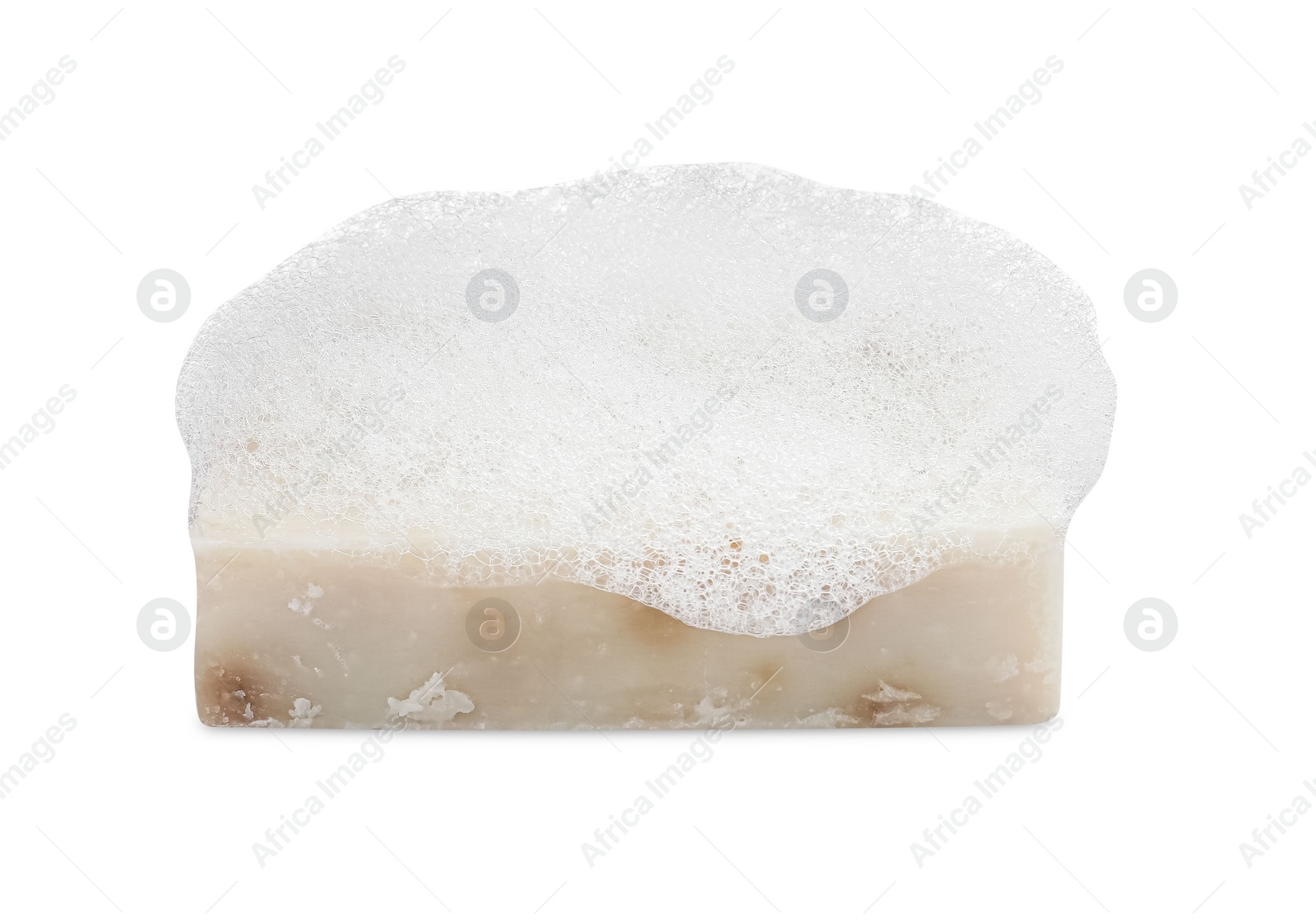 Photo of Soap bar with fluffy foam on white background