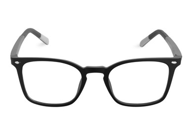 Photo of Stylish pair of glasses with black frame isolated on white