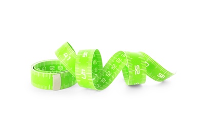 Photo of New green measuring tape isolated on white