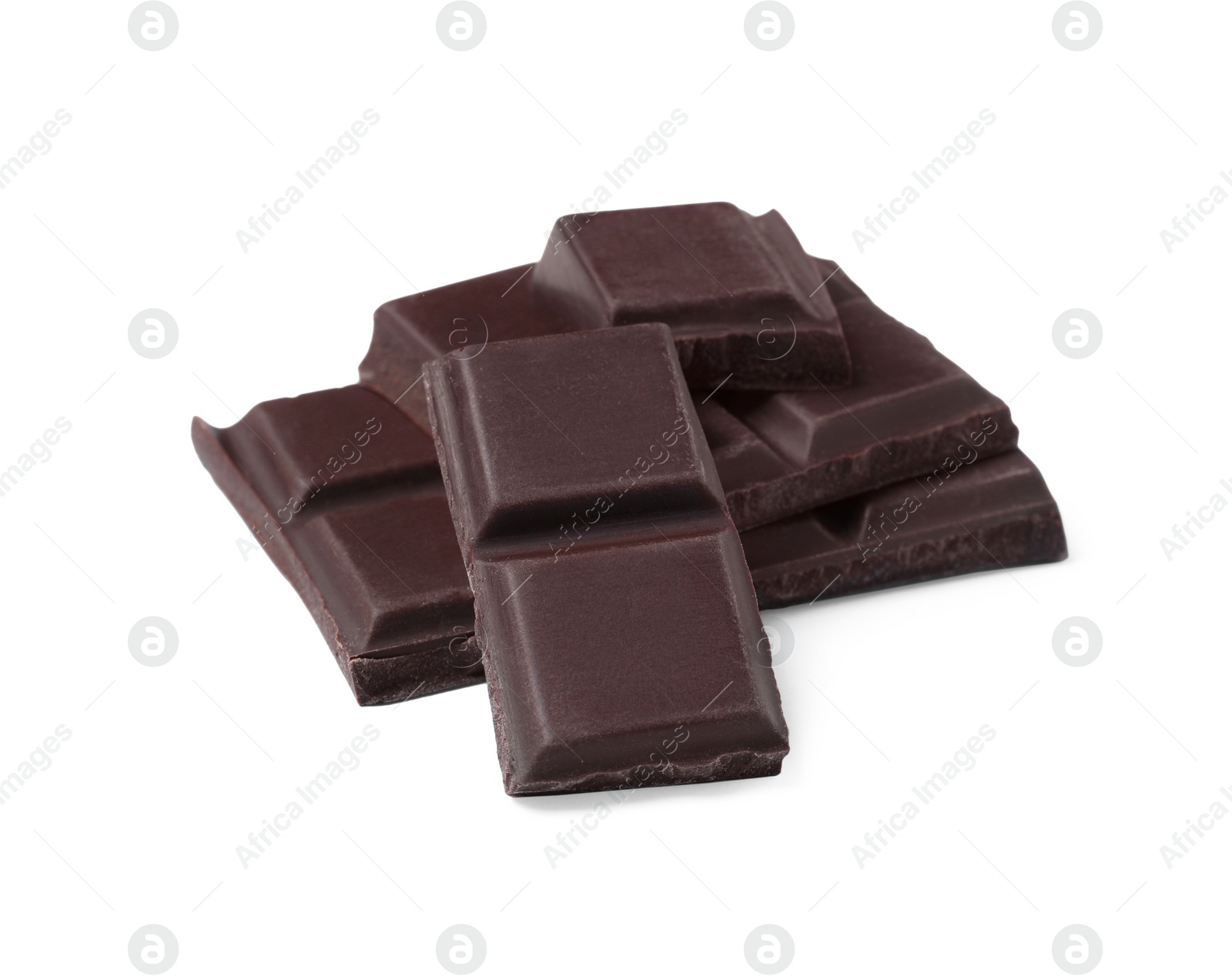 Photo of Pieces of delicious dark chocolate bar on white background