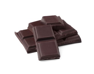 Pieces of delicious dark chocolate bar on white background