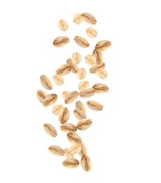 Image of Dry uncooked oatmeal falling on white background