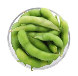 Photo of Bowl with green edamame pods on white background, top view