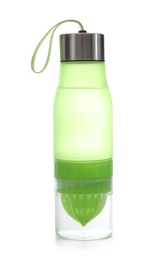 Photo of Sport water bottle with strap on white background