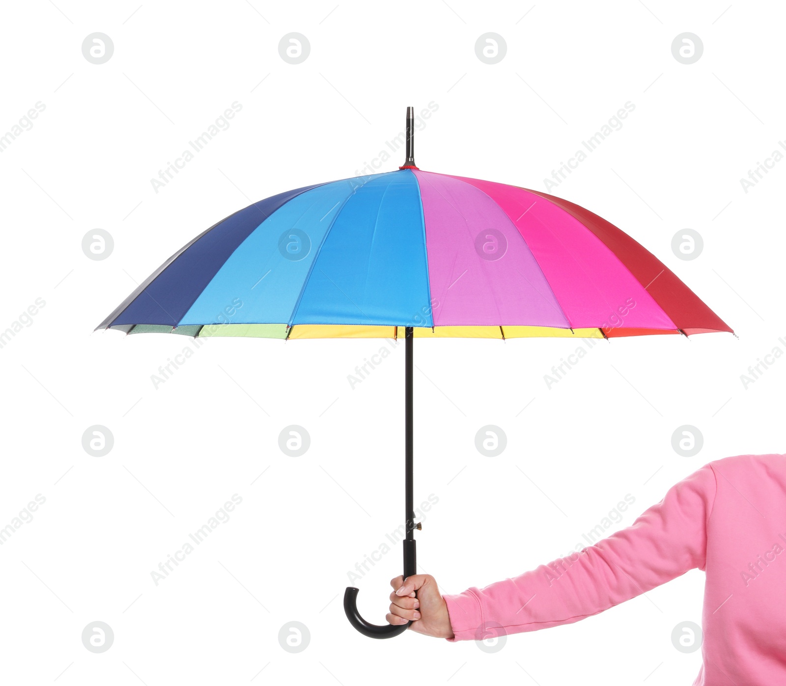 Photo of Person holding beautiful open umbrella on white background