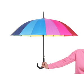 Photo of Person holding beautiful open umbrella on white background