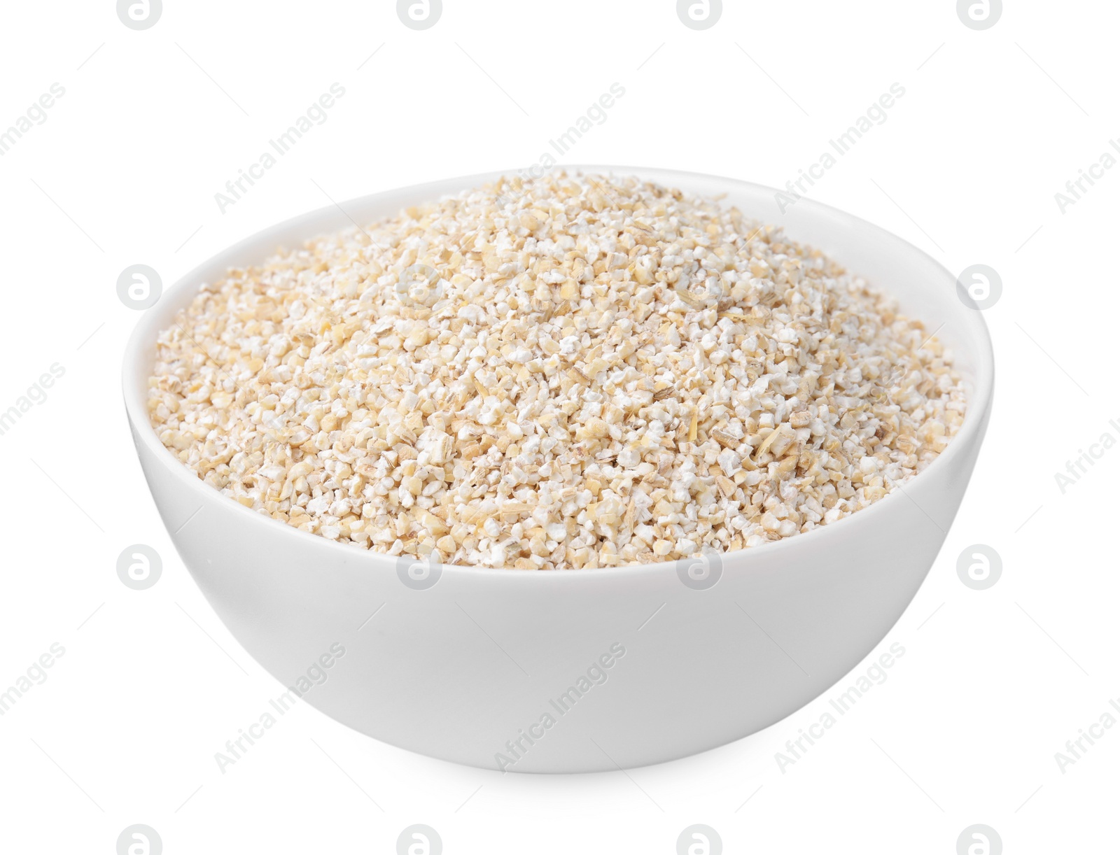 Photo of Raw barley groats in bowl isolated on white