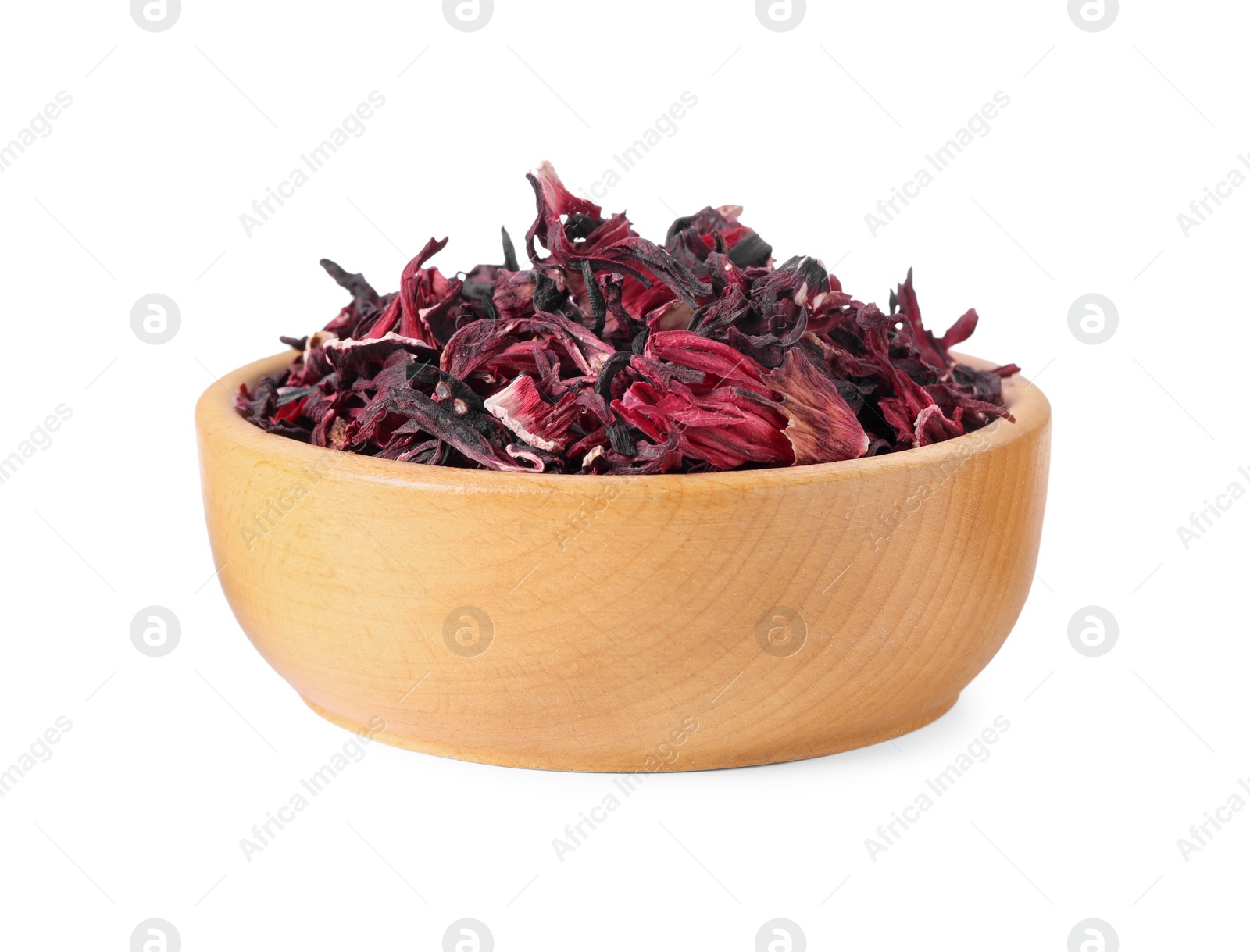 Photo of Bowl of dry hibiscus tea isolated on white