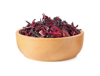 Bowl of dry hibiscus tea isolated on white