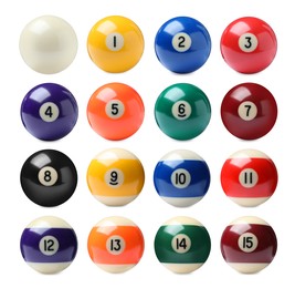 Image of Set with billiard balls on white background