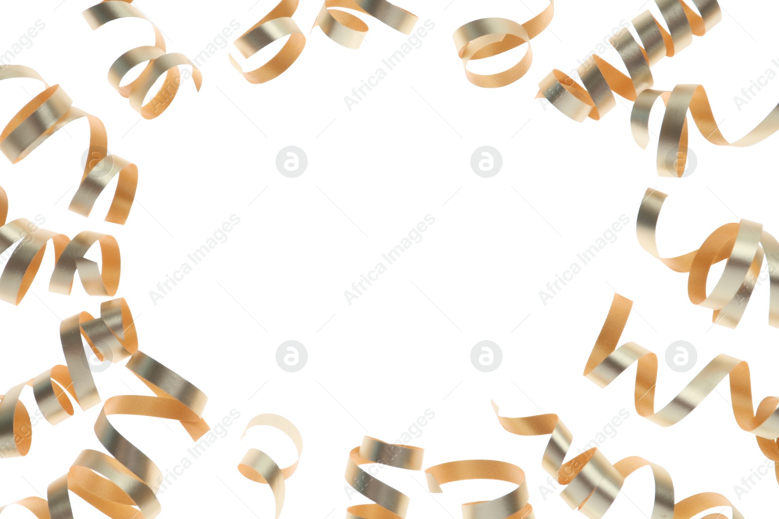 Photo of Frame of shiny serpentine streamers on white background, top view. Space for text