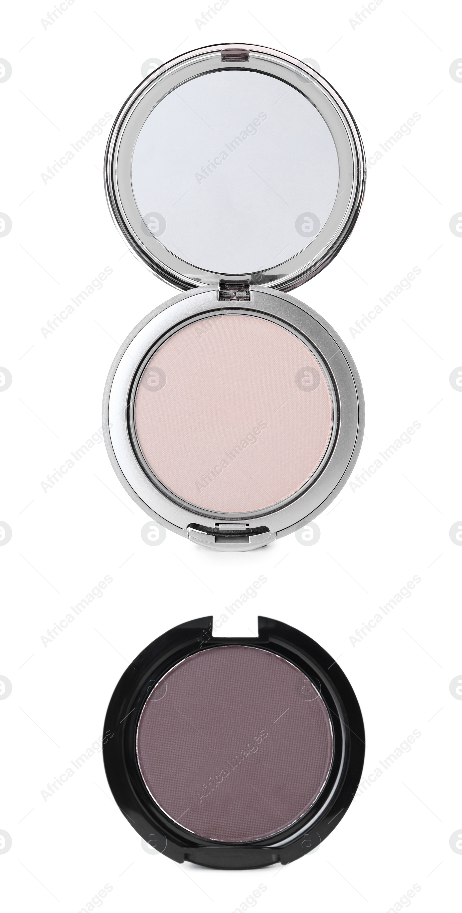 Image of Face powder and eye shadow on white background, top view. Vertical banner design 