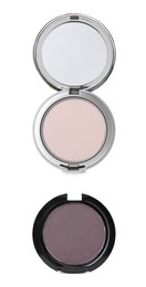 Image of Face powder and eye shadow on white background, top view. Vertical banner design 