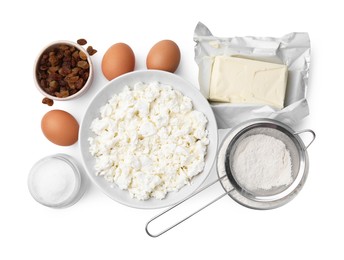 Photo of Different ingredients isolated on white, top view. Cooking cottage cheese pancakes