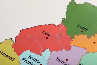 Photo of Lviv region on map of Ukraine, closeup
