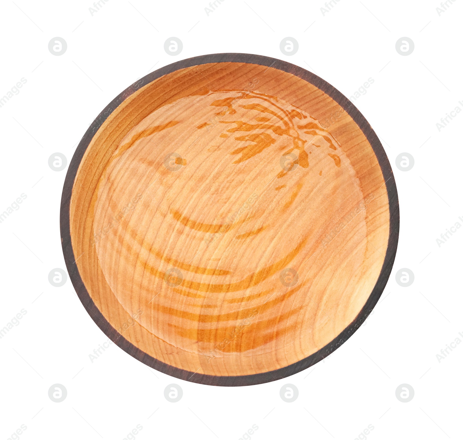 Photo of Wooden bowl with water isolated on white, top view