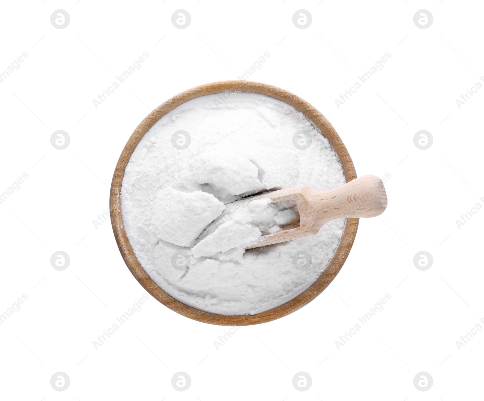 Photo of Bowl and wooden scoop of natural starch isolated on white, top view