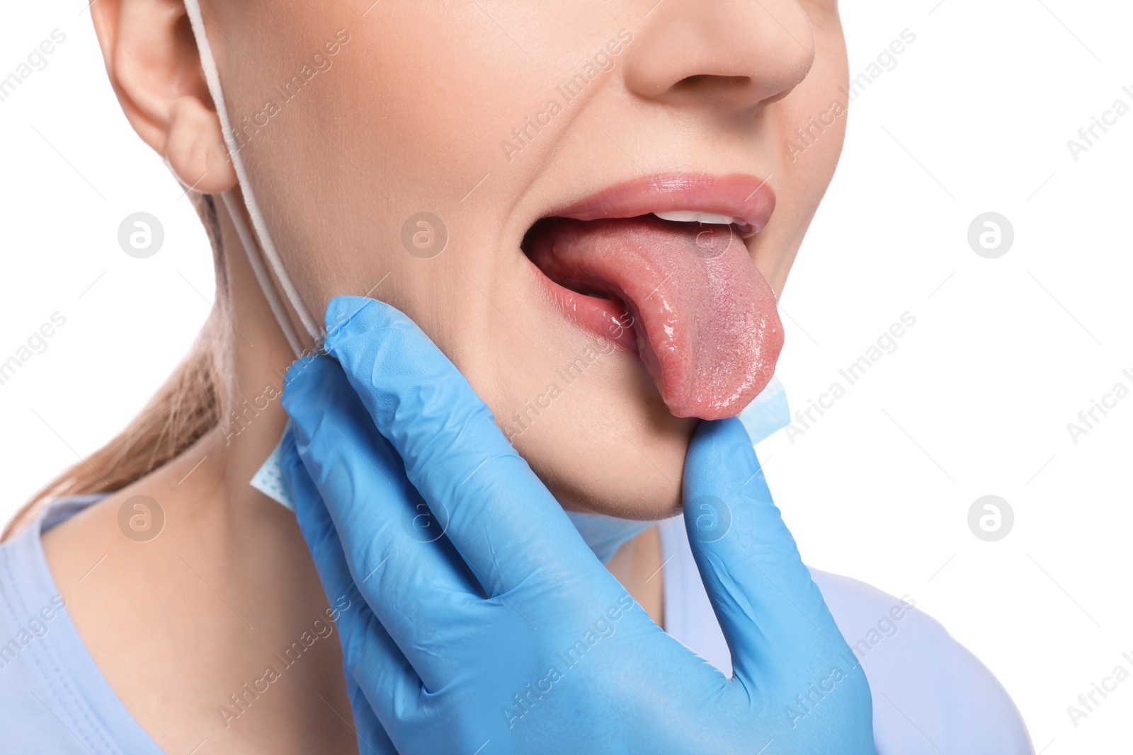 Photo of Doctor examining woman`s oral cavity on white background, closeup