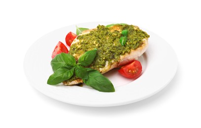 Delicious chicken breast with pesto sauce, tomatoes and basil isolated on white