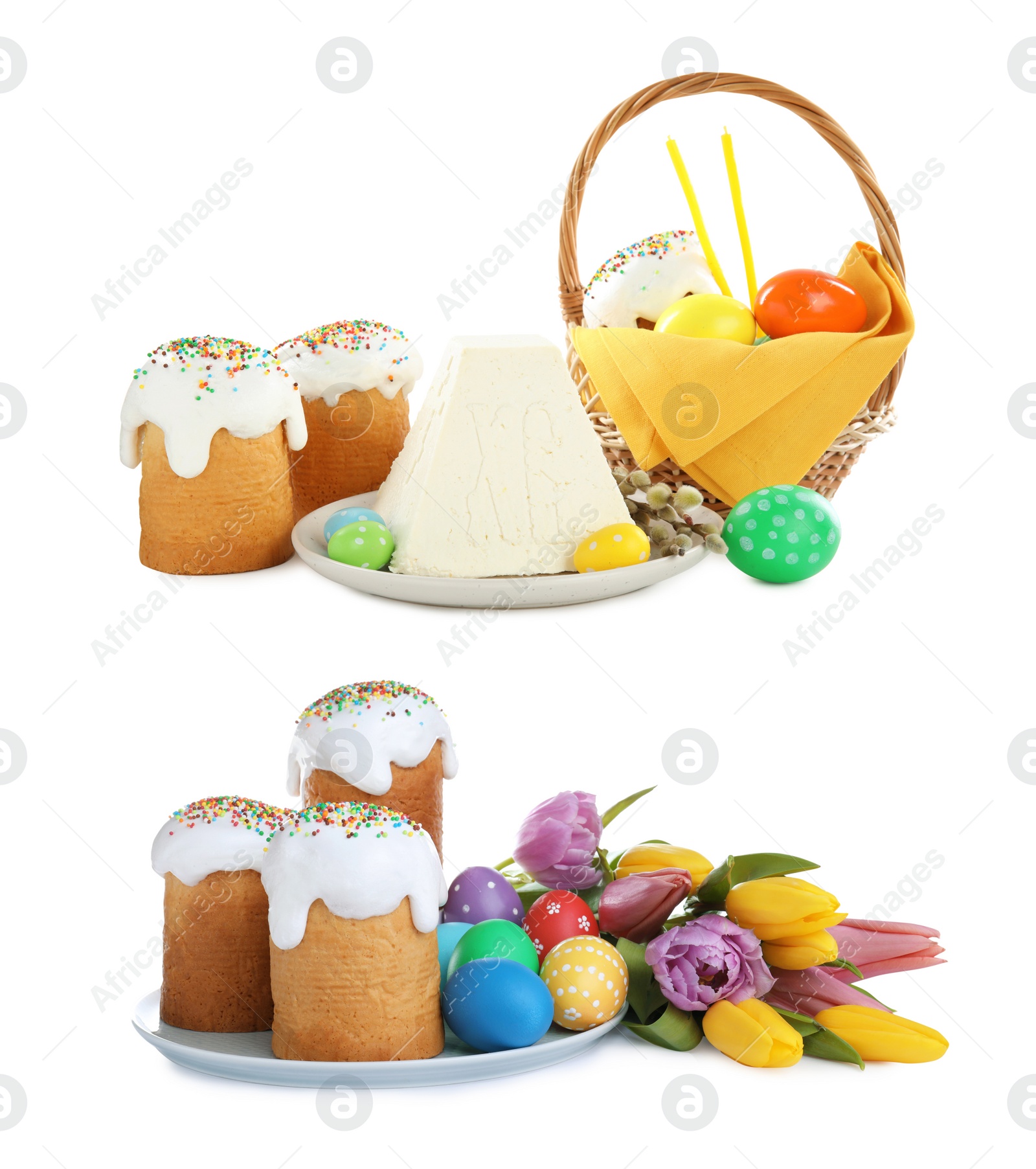 Image of Set with traditional Easter cakes and cottage cheese paskha on white background