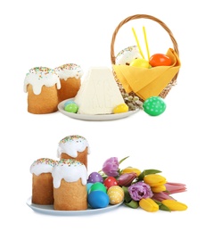 Image of Set with traditional Easter cakes and cottage cheese paskha on white background