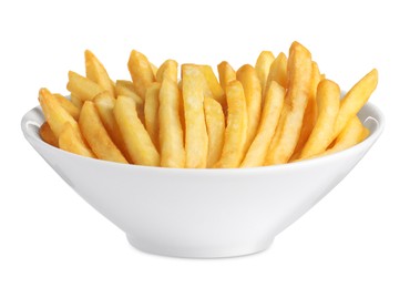 Bowl with tasty French fries on white background