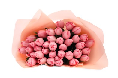 Photo of Bouquet of beautiful pink tulips isolated on white