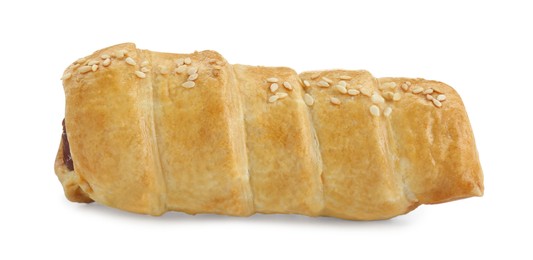 One delicious sausage roll isolated on white