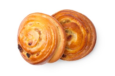 Photo of Delicious rolls with raisins isolated on white, top view. Sweet buns