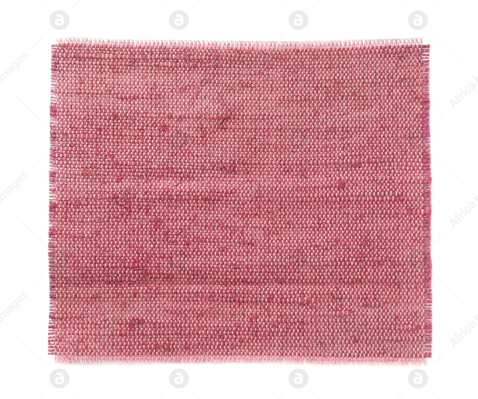 Image of Piece of pink burlap fabric on white background, top view