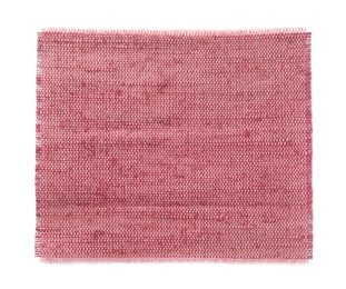 Piece of pink burlap fabric on white background, top view