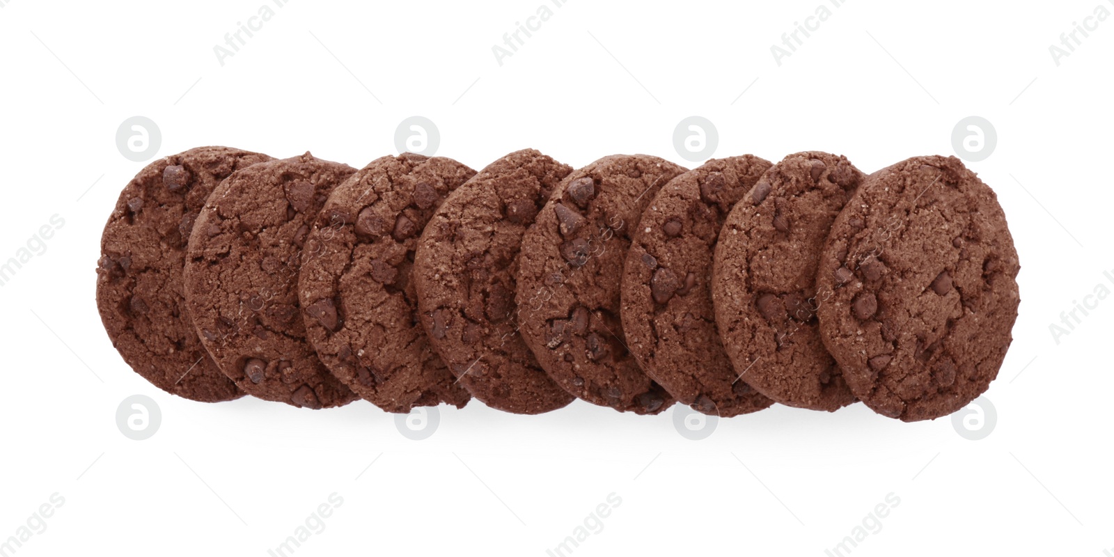 Photo of Delicious chocolate chip cookies isolated on white, top view