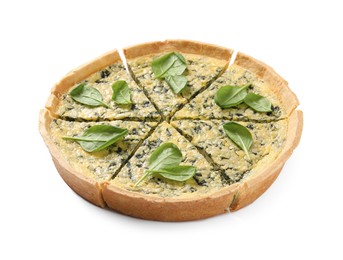 Photo of Sliced delicious homemade spinach pie isolated on white