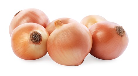 Photo of Pile of tasty fresh onions isolated on white
