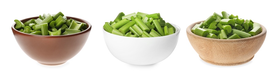 Collage with fresh green celery in bowls on white background. Banner design 