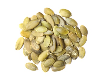 Photo of Pile of raw pumpkin seeds on white background, top view