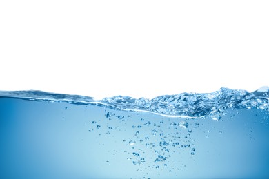 Photo of Bubbles in blue water on white background