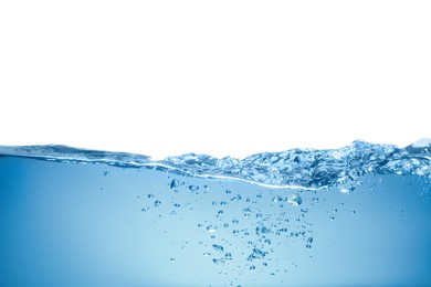 Bubbles in blue water on white background