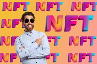 Happy man in sunglasses surrounded by abbreviations NFT on color background