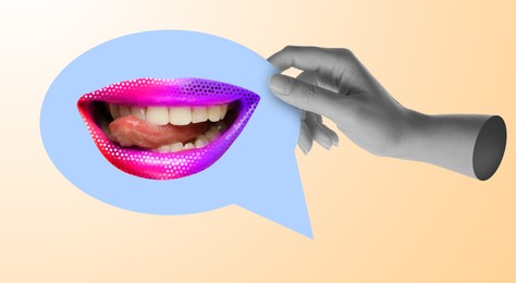 Stylish art collage. Woman holding speech bubble with mouth showing tongue on beige background, closeup. Banner design