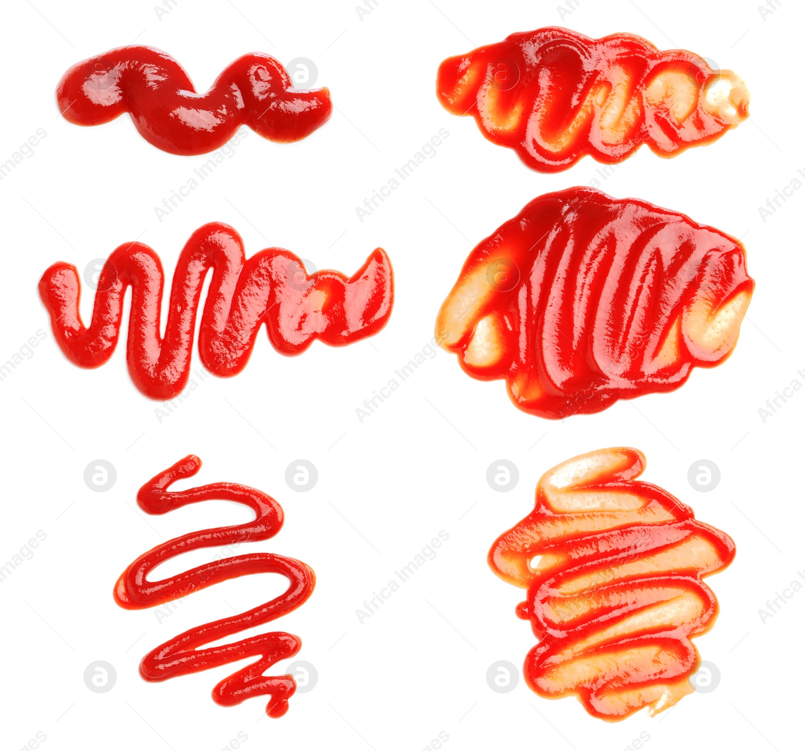 Image of Set of tasty ketchup on white background, top view. Tomato sauce