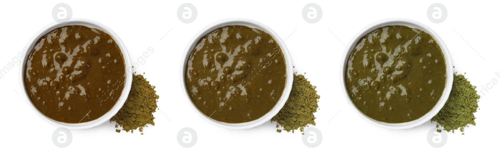 Image of Set with henna paste and powder of different colors isolated on white, top view