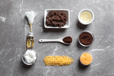 Ingredients for natural body scrub on grey background