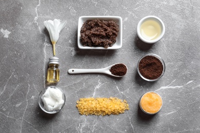 Photo of Ingredients for natural body scrub on grey background