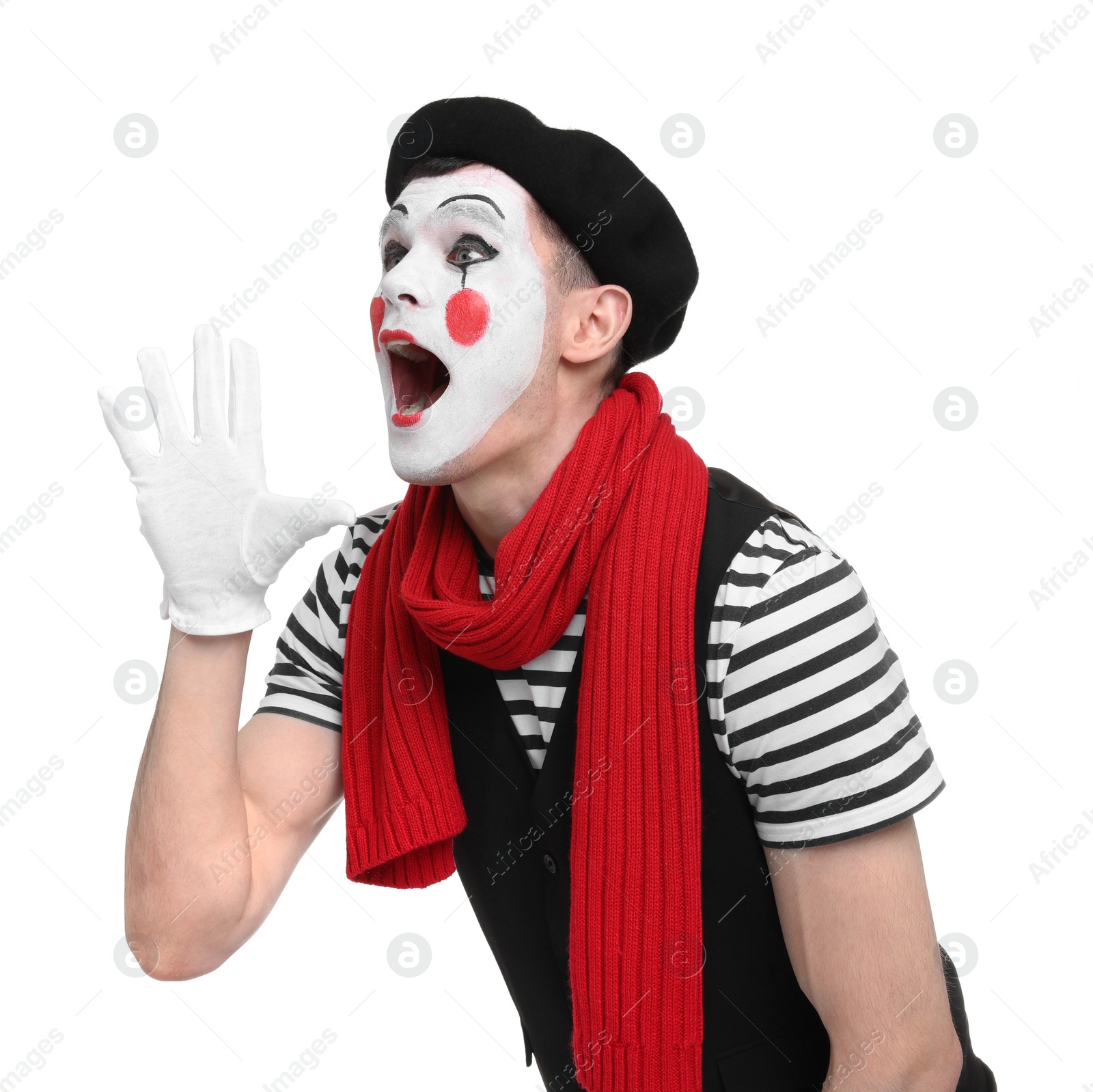 Photo of Mime artist in beret screaming on white background