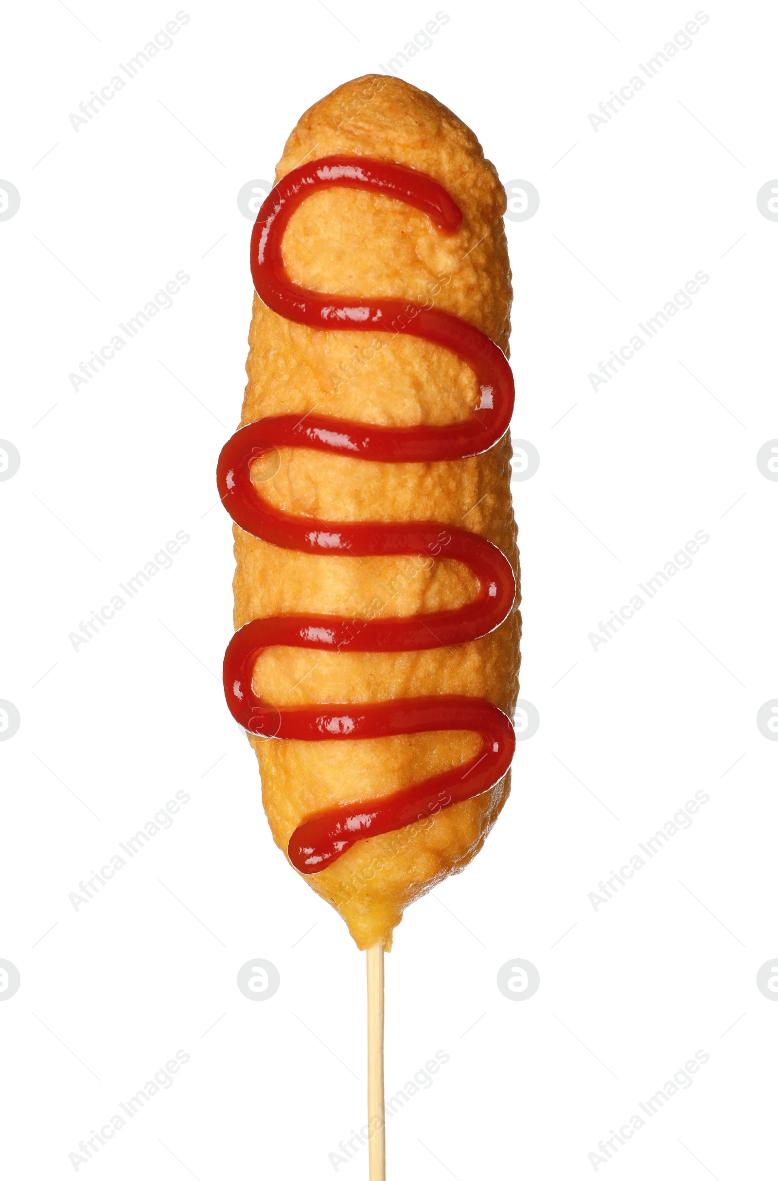 Photo of Delicious deep fried corn dog with ketchup isolated on white